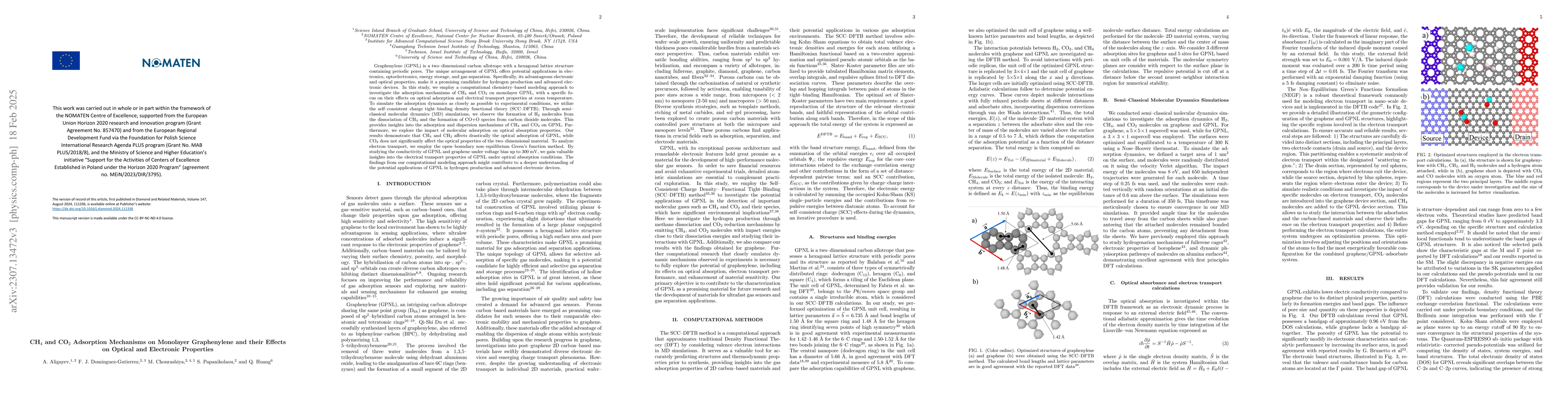 Thumbnail for CH$_4$ and CO$_2$ Adsorption Mechanisms on Monolayer Graphenylene and
  their Effects on Optical and Electronic Properties