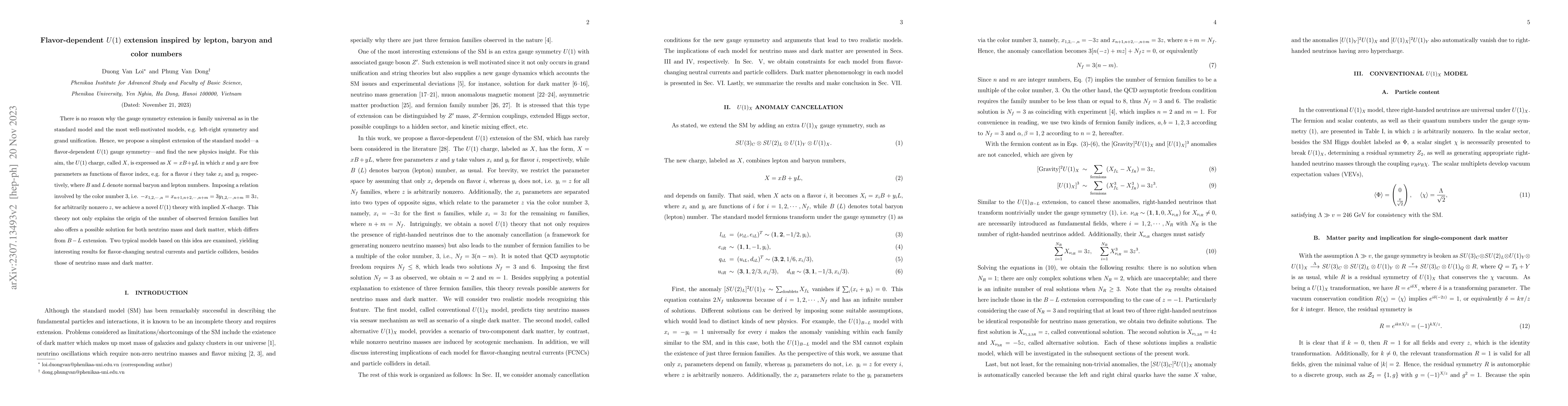 Thumbnail for Flavor-dependent $U(1)$ extension inspired by lepton, baryon and color
  numbers