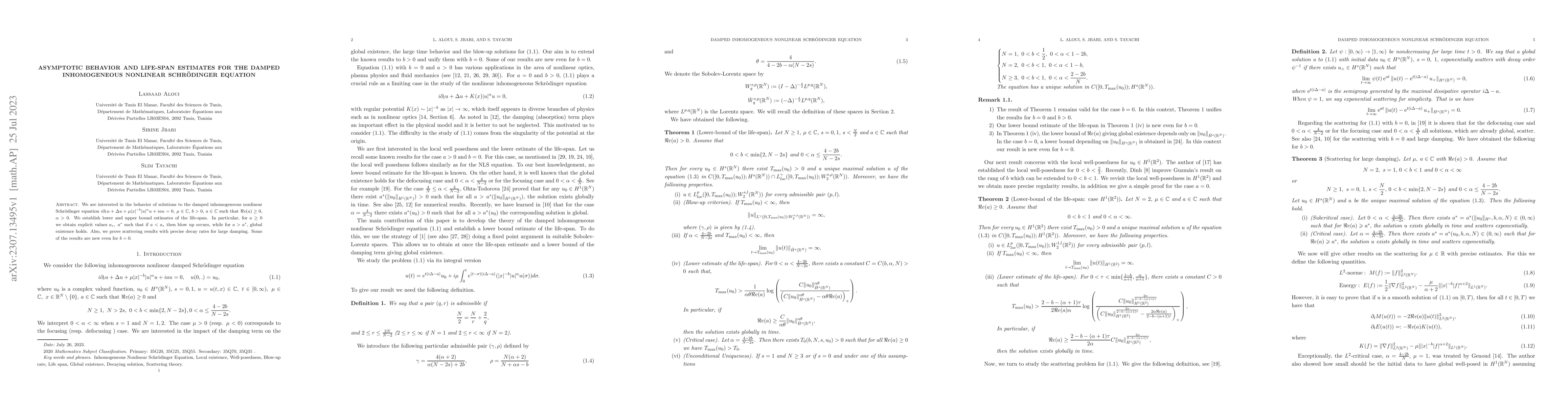 Thumbnail for Asymptotic behavior and life-span estimates for the damped inhomogeneous
  nonlinear Schr\"odinger equation