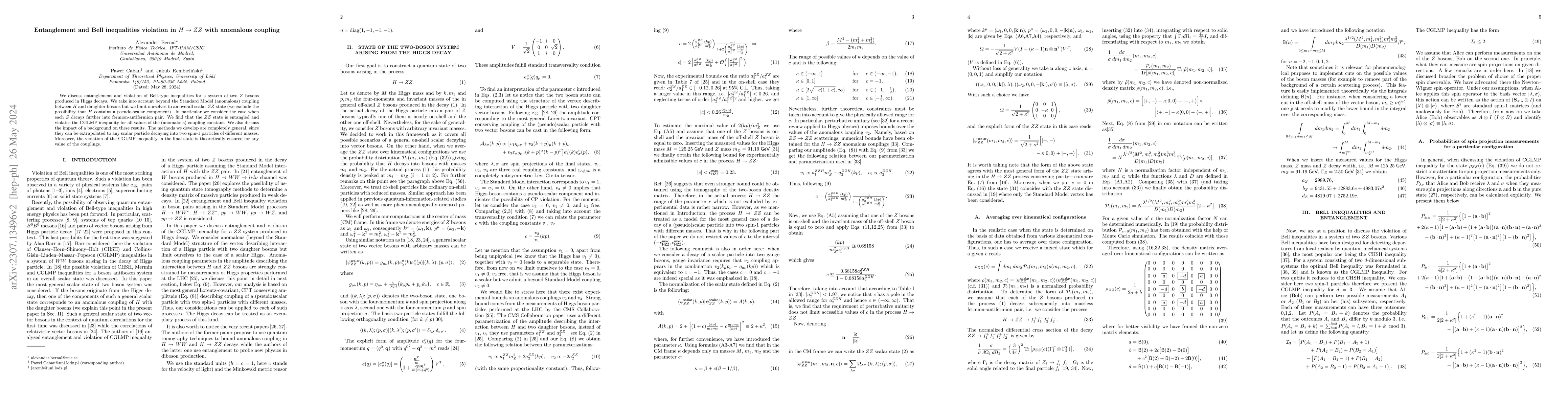 Thumbnail for Entanglement and Bell inequalities violation in $H\to ZZ$ with anomalous
  coupling