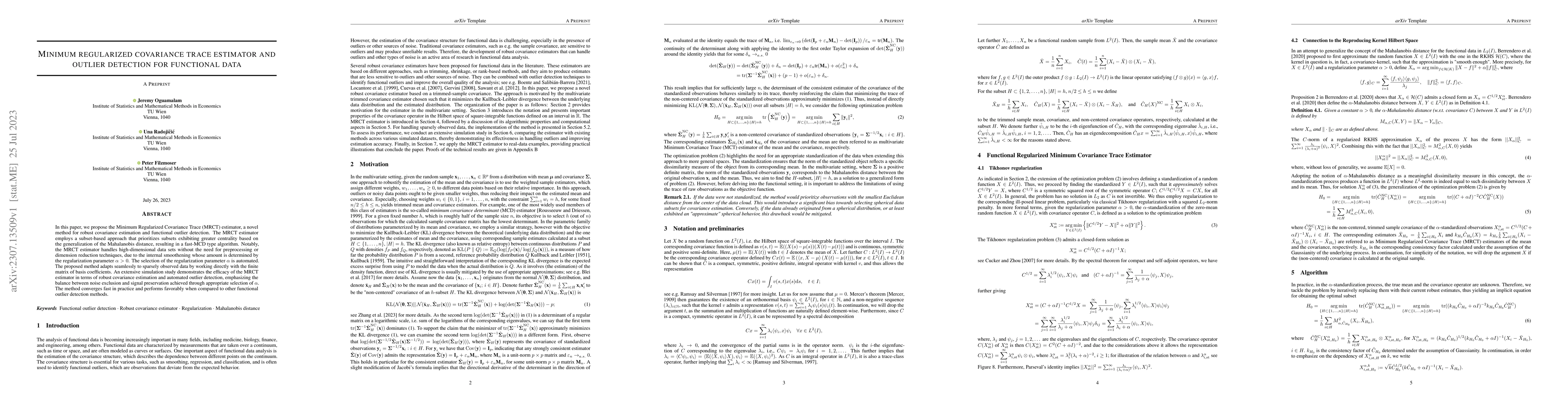 Thumbnail for Minimum regularized covariance trace estimator and outlier detection for
  functional data