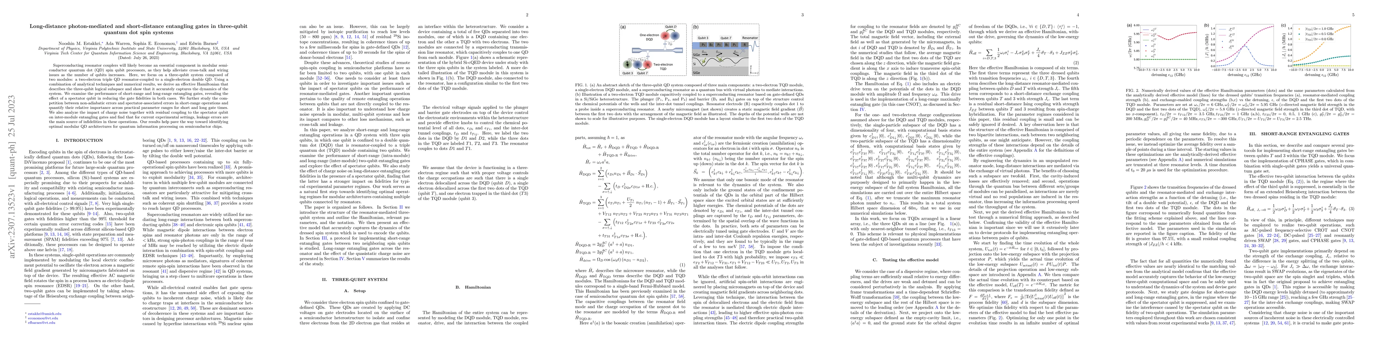 Thumbnail for Long-distance photon-mediated and short-distance entangling gates in
  three-qubit quantum dot spin systems