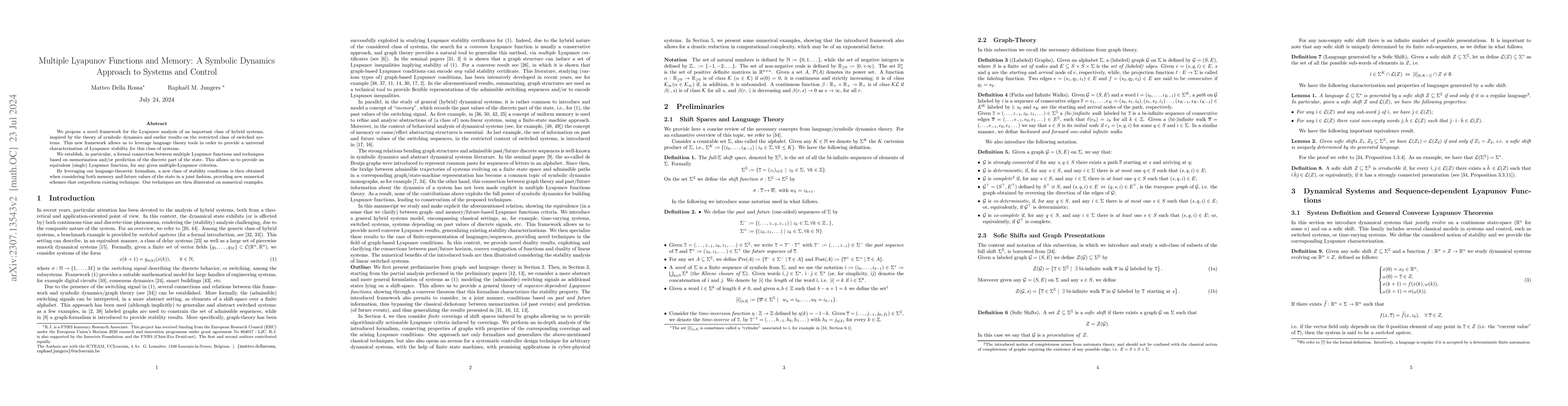 Thumbnail for Multiple Lyapunov Functions and Memory: A Symbolic Dynamics Approach to
  Systems and Control