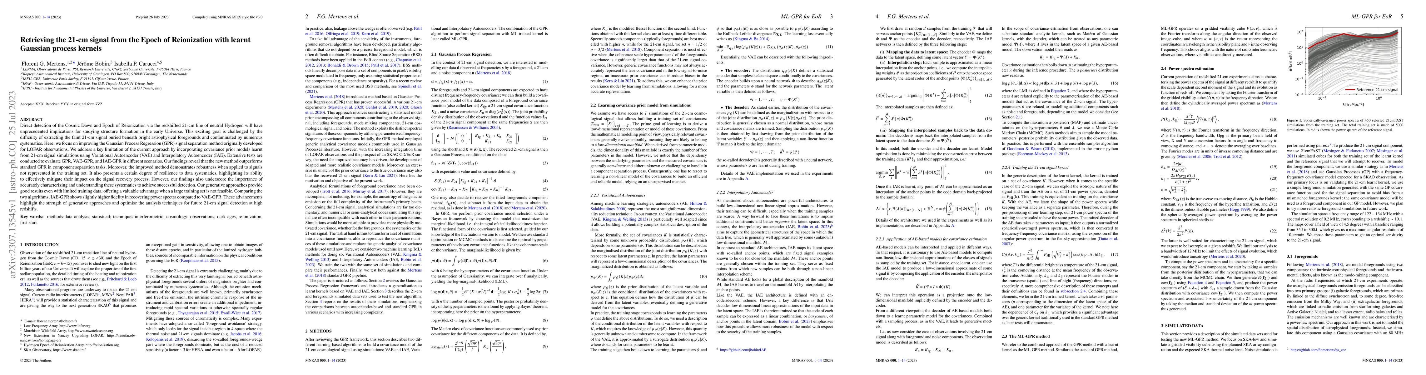 Thumbnail for Retrieving the 21-cm signal from the Epoch of Reionization with learnt
  Gaussian process kernels