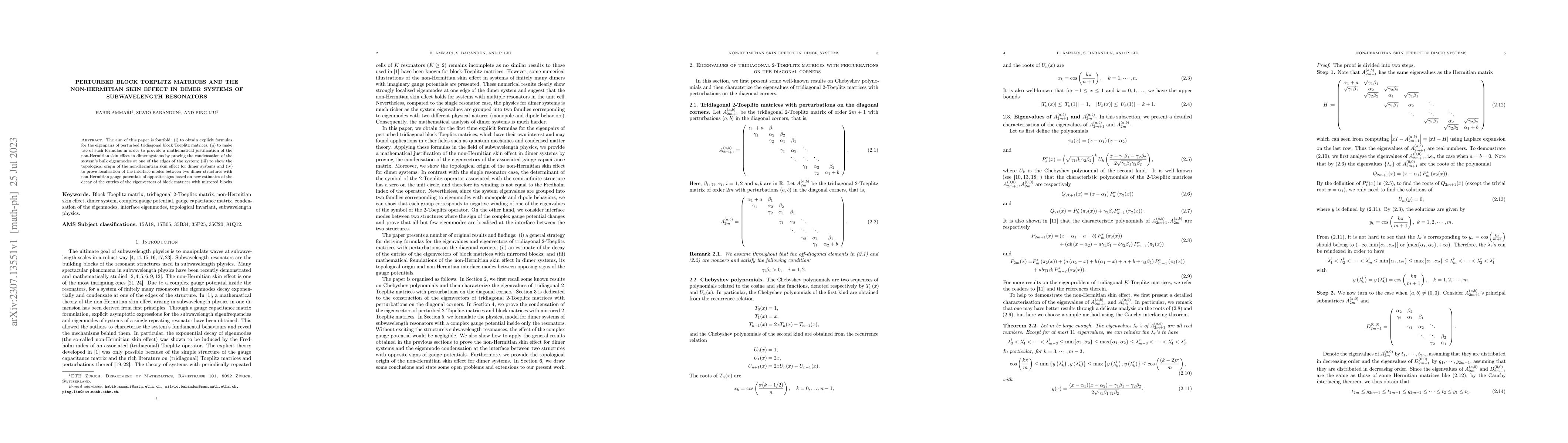 Thumbnail for Perturbed Block Toeplitz matrices and the non-Hermitian skin effect in
  dimer systems of subwavelength resonators