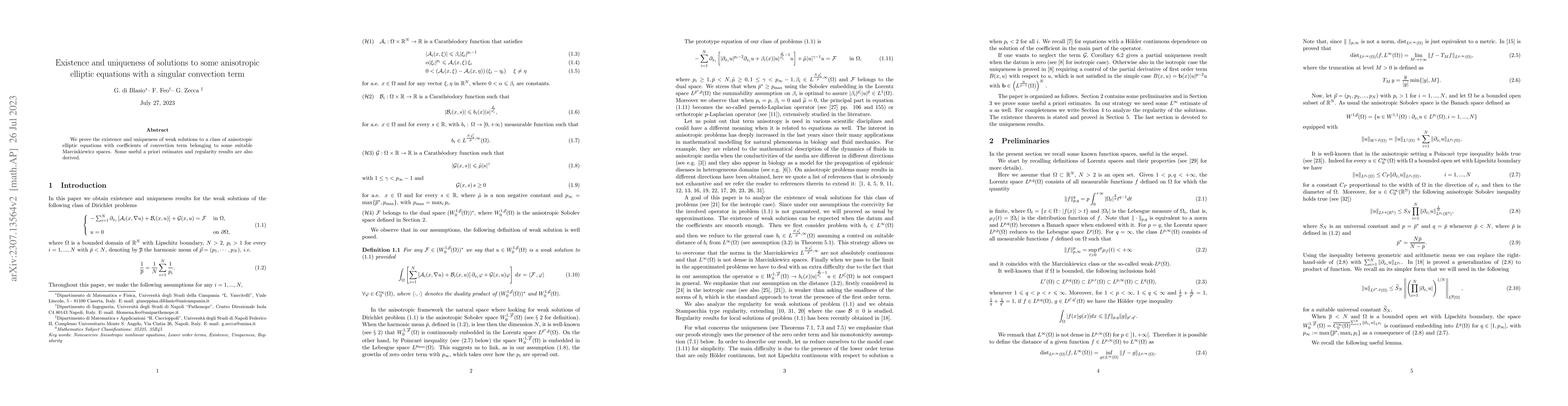 Thumbnail for Existence and uniqueness of solutions to some anisotropic elliptic
  equations with a singular convection term