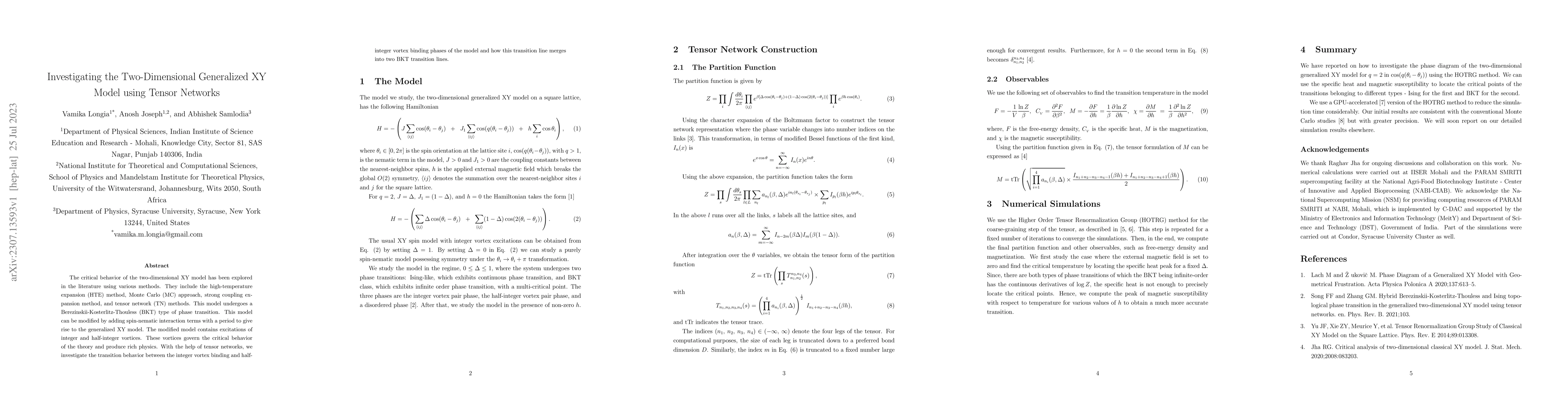 Thumbnail for Investigating the Two-Dimensional Generalized XY Model using Tensor
  Networks