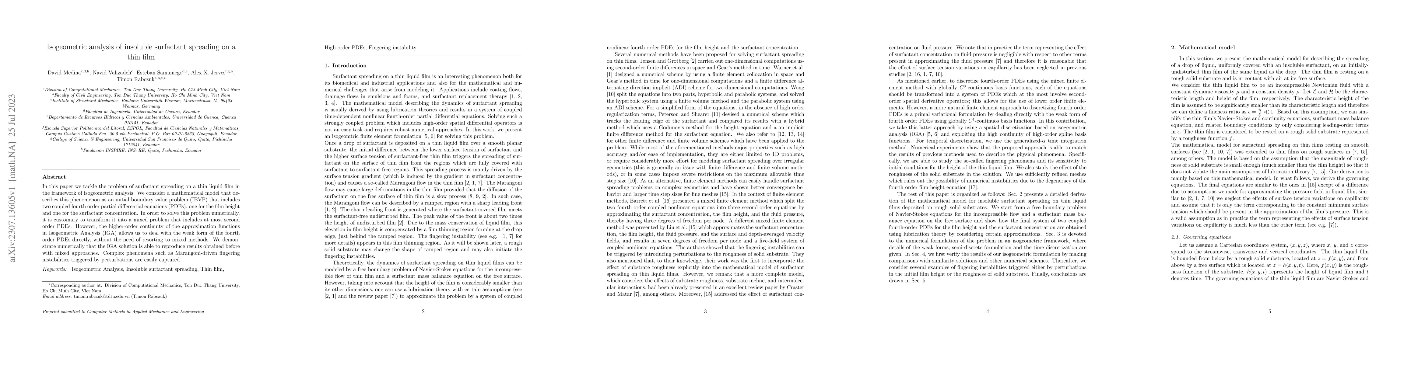Thumbnail for Isogeometric analysis of insoluble surfactant spreading on a thin film