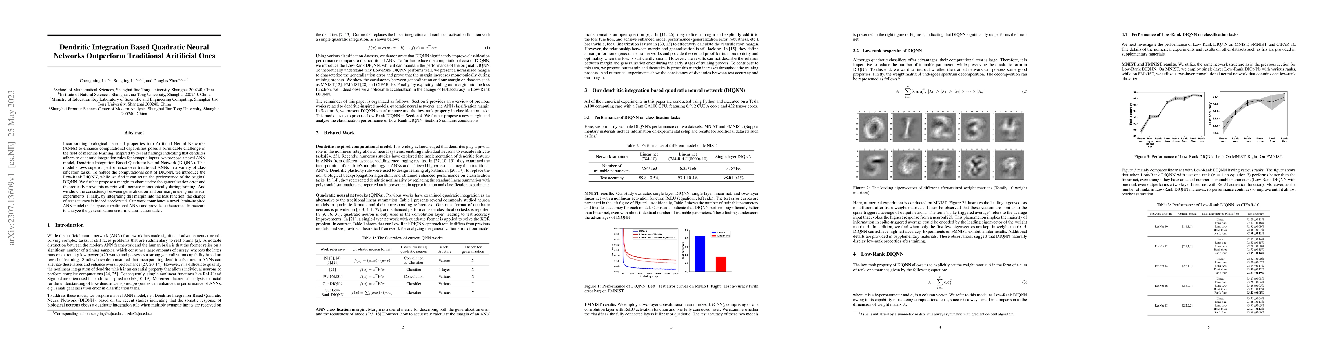 Thumbnail for Dendritic Integration Based Quadratic Neural Networks Outperform
  Traditional Aritificial Ones