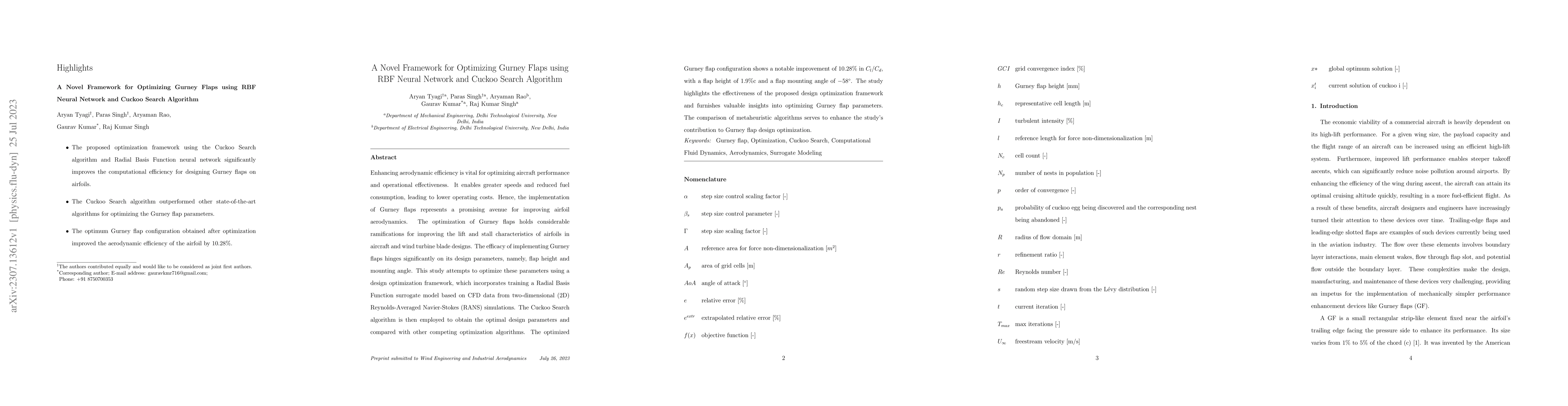Thumbnail for A Novel Framework for Optimizing Gurney Flaps using RBF Neural Network
  and Cuckoo Search Algorithm