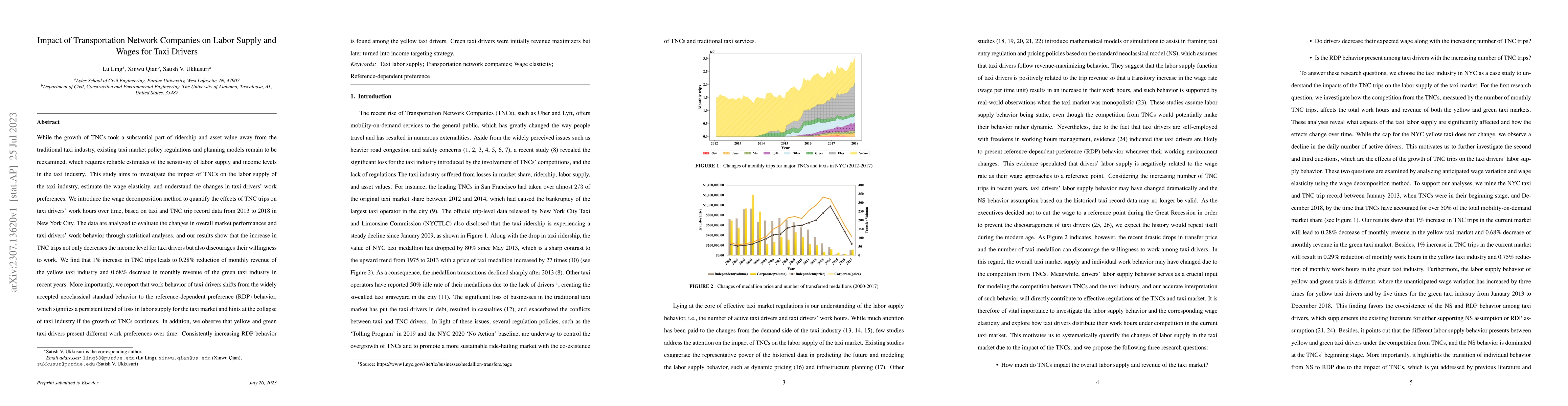 Thumbnail for Impact of Transportation Network Companies on Labor Supply and Wages for
  Taxi Drivers