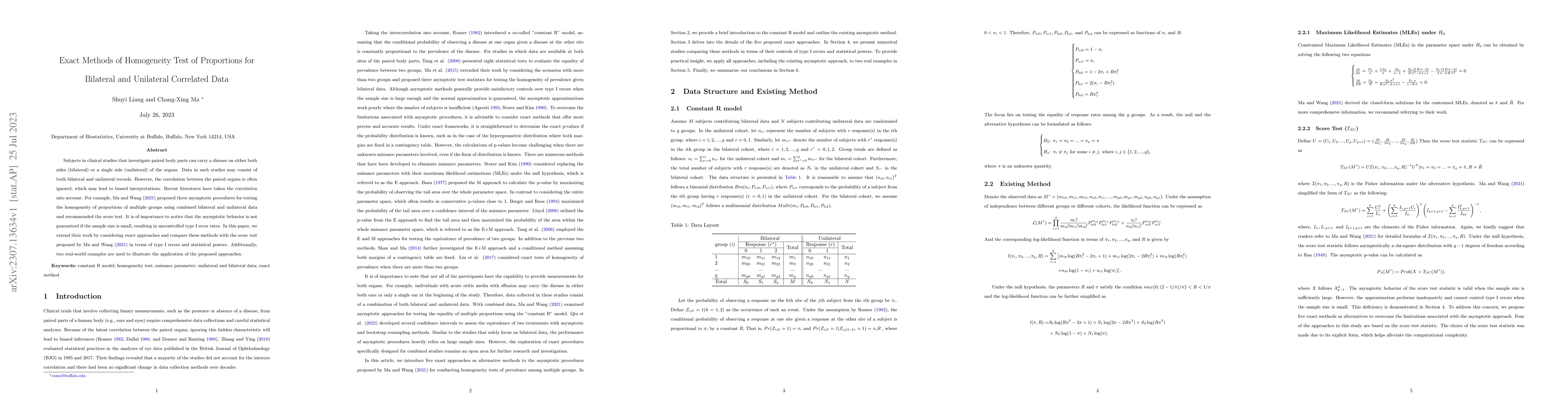 Thumbnail for Exact Methods of Homogeneity Test of Proportions for Bilateral and
  Unilateral Correlated Data