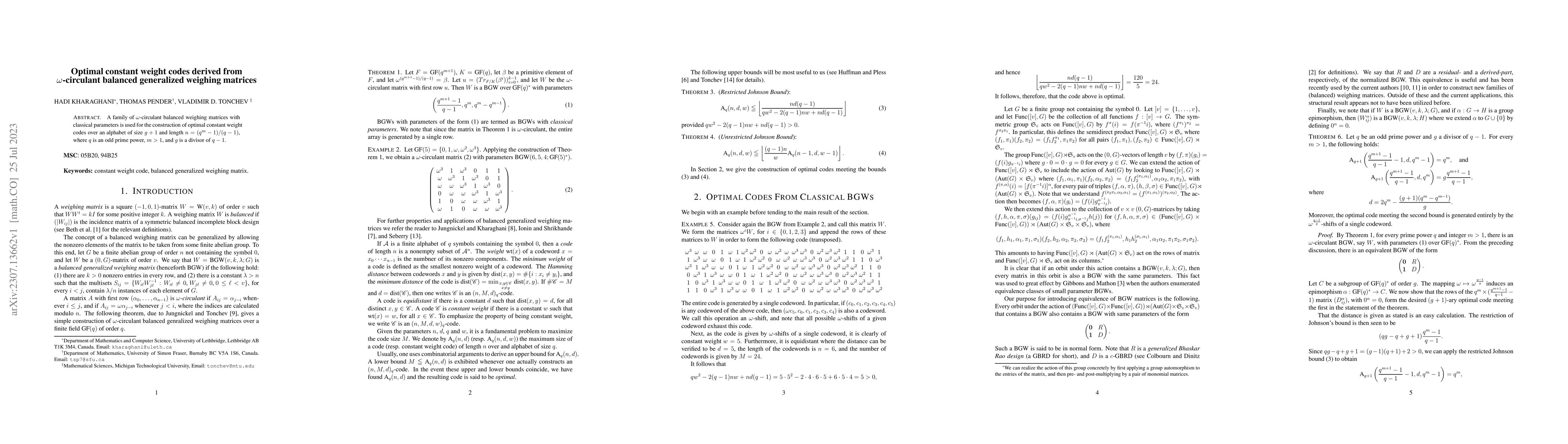 Thumbnail for On optimal constant weight codes derived from $\omega$-circulant
  balanced generalized weighing matrices