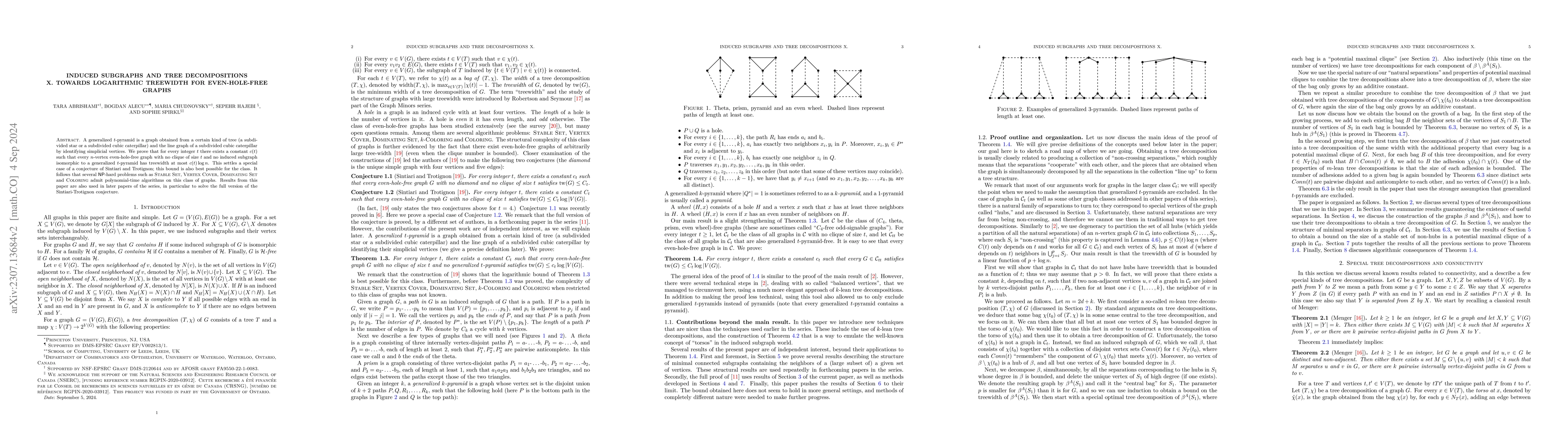 Thumbnail for Induced subgraphs and tree decompositions X. Towards logarithmic
  treewidth for even-hole-free graphs