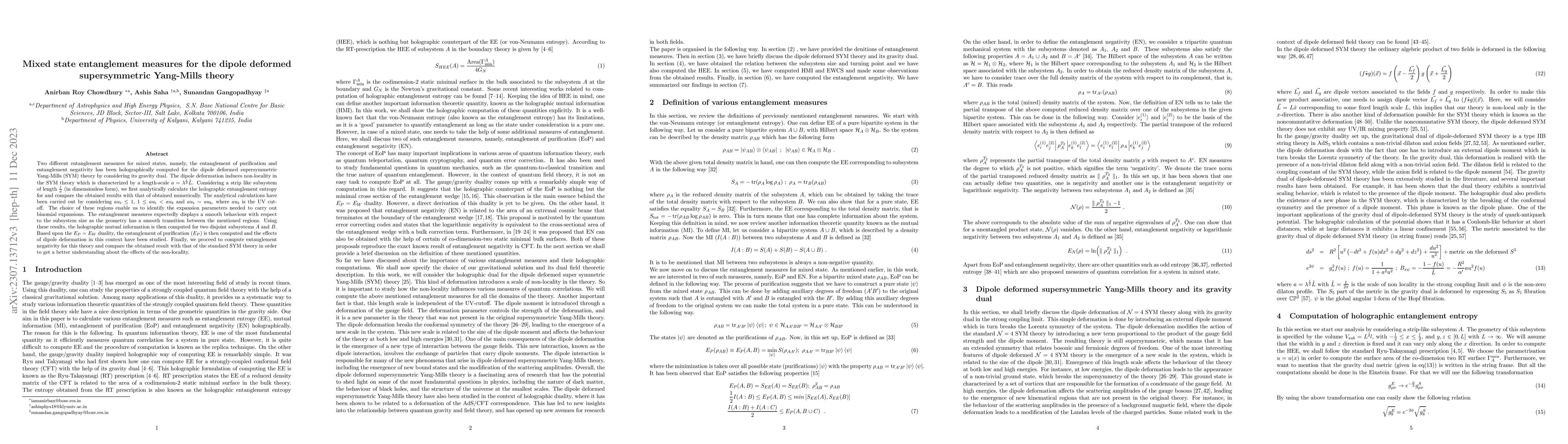 Thumbnail for Mixed state entanglement measures for the dipole deformed supersymmetric
  Yang-Mills theory