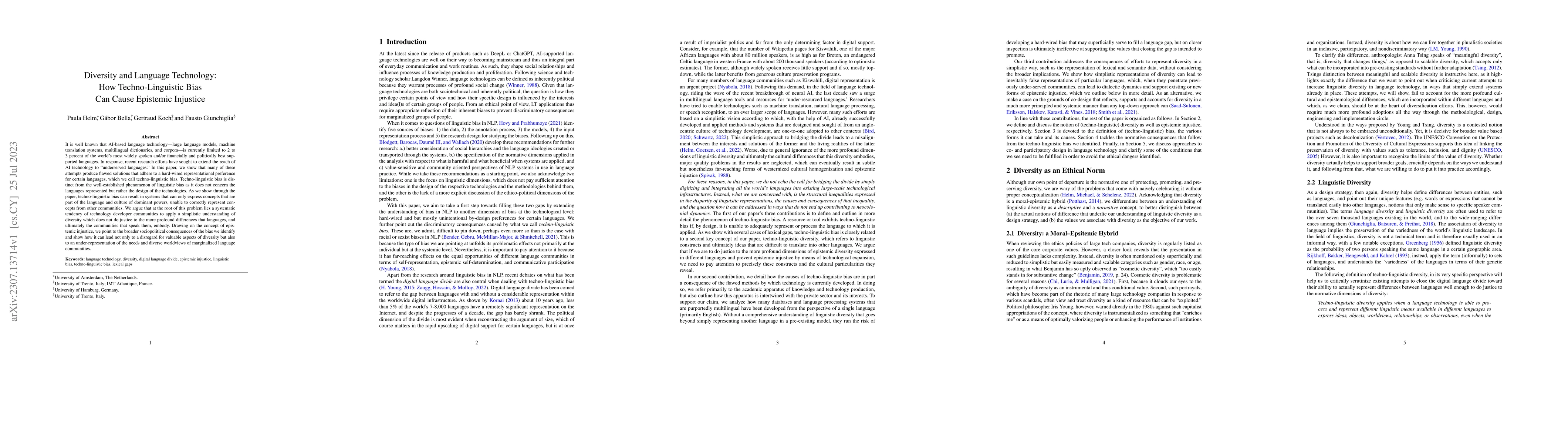 Thumbnail for Diversity and Language Technology: How Techno-Linguistic Bias Can Cause
  Epistemic Injustice