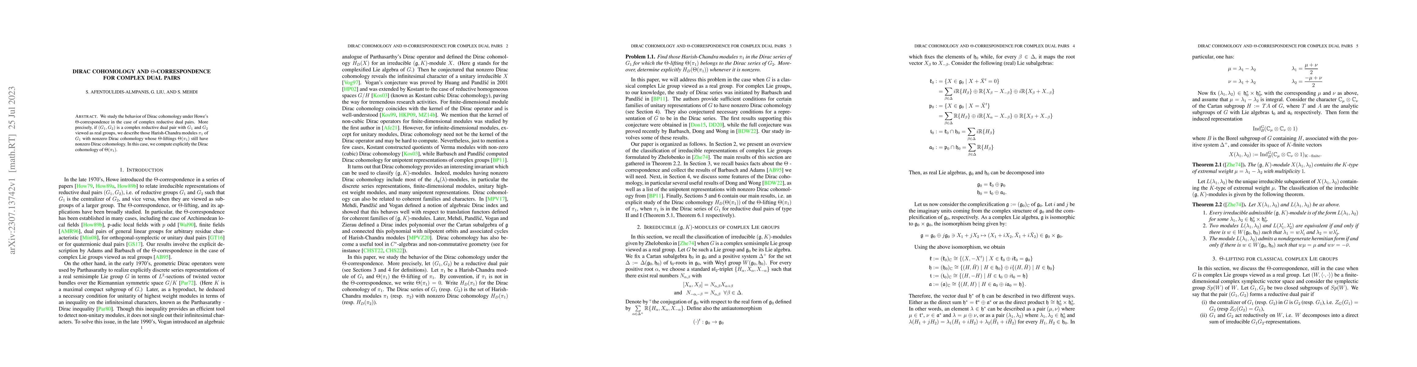 Thumbnail for Dirac cohomology and $\Theta$-correspondence for complex dual pairs