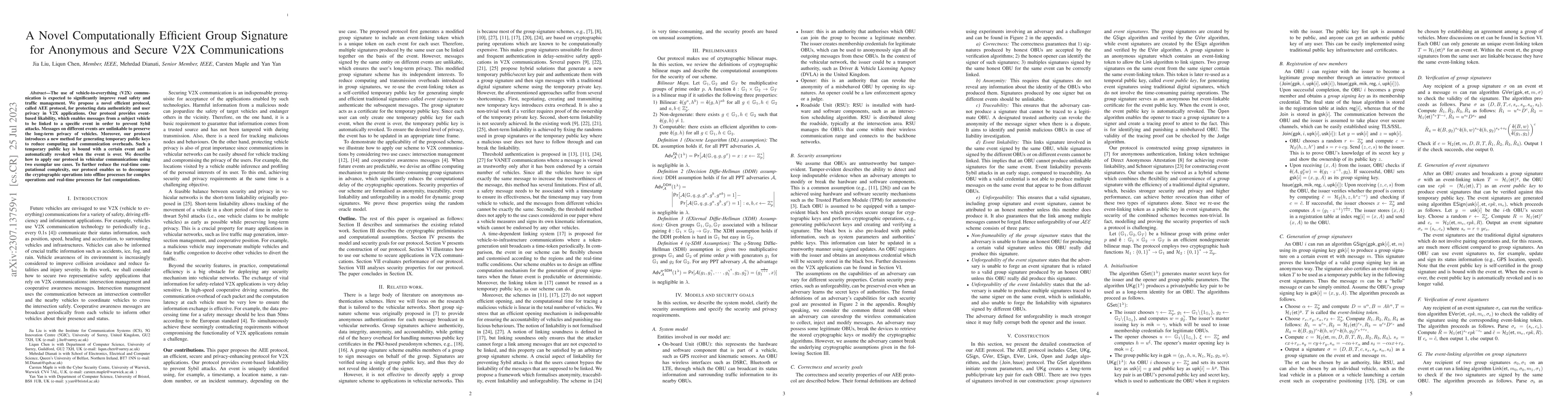 Thumbnail for A Novel Computationally Efficient Group Signature for Anonymous and
  Secure V2X Communications