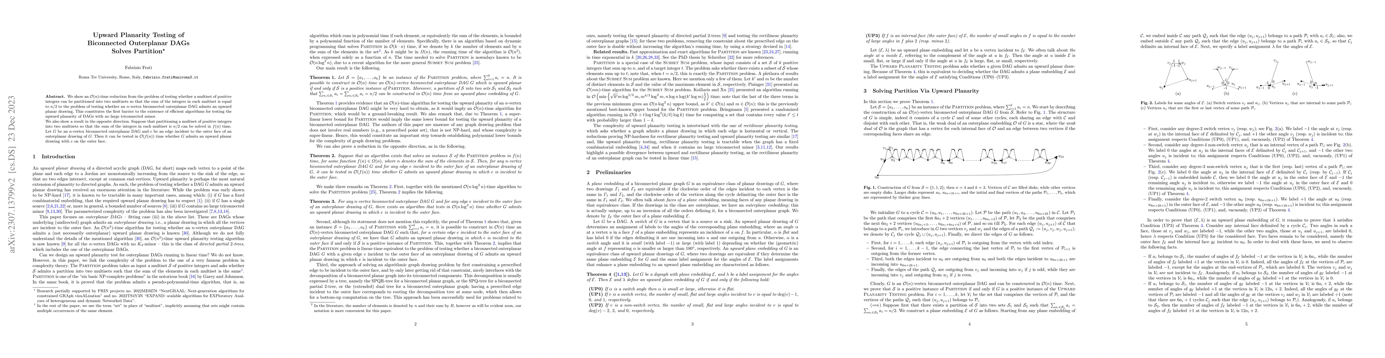 Thumbnail for Upward Planarity Testing of Biconnected Outerplanar DAGs Solves
  Partition