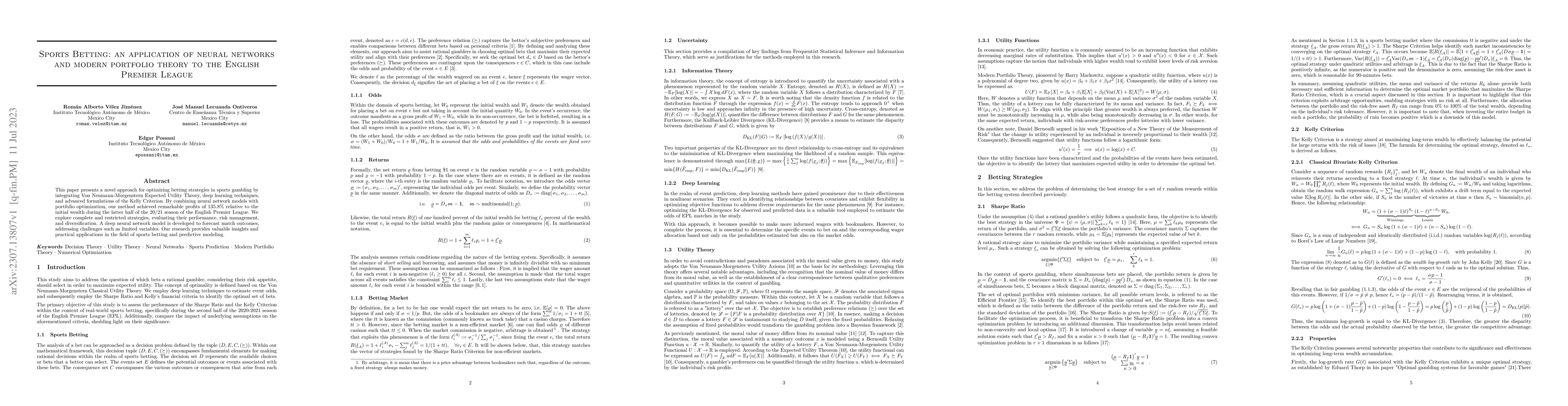 Thumbnail for Sports Betting: an application of neural networks and modern portfolio
  theory to the English Premier League