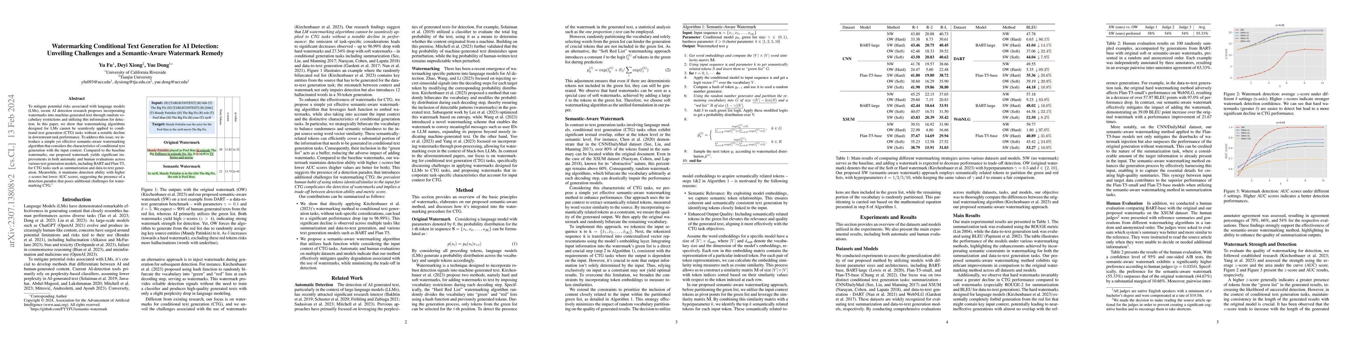 Thumbnail for Watermarking Conditional Text Generation for AI Detection: Unveiling
  Challenges and a Semantic-Aware Watermark Remedy