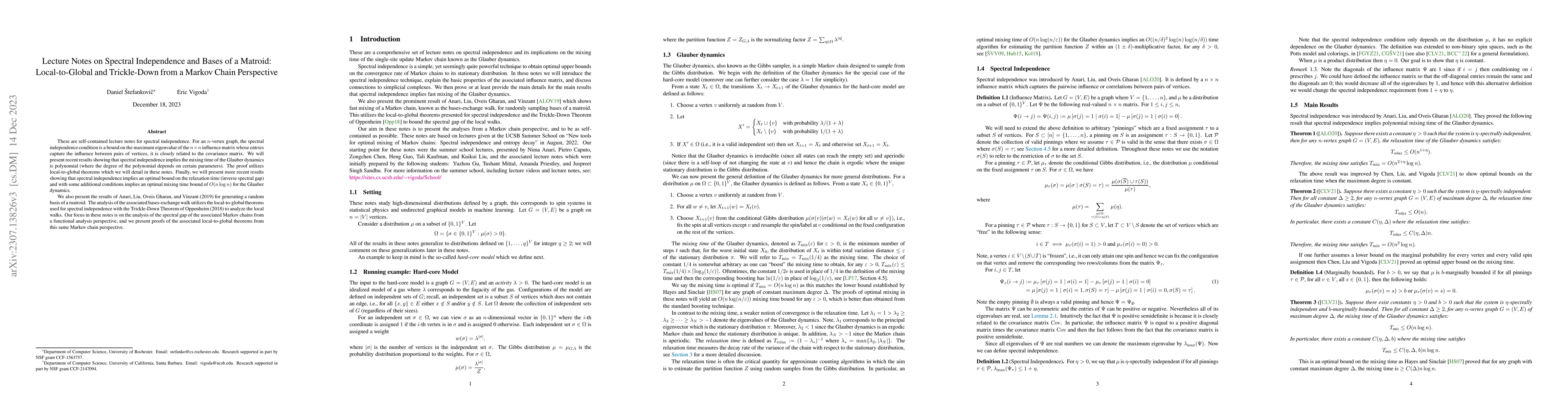 Thumbnail for Lecture Notes on Spectral Independence and Bases of a Matroid:
  Local-to-Global and Trickle-Down from a Markov Chain Perspective