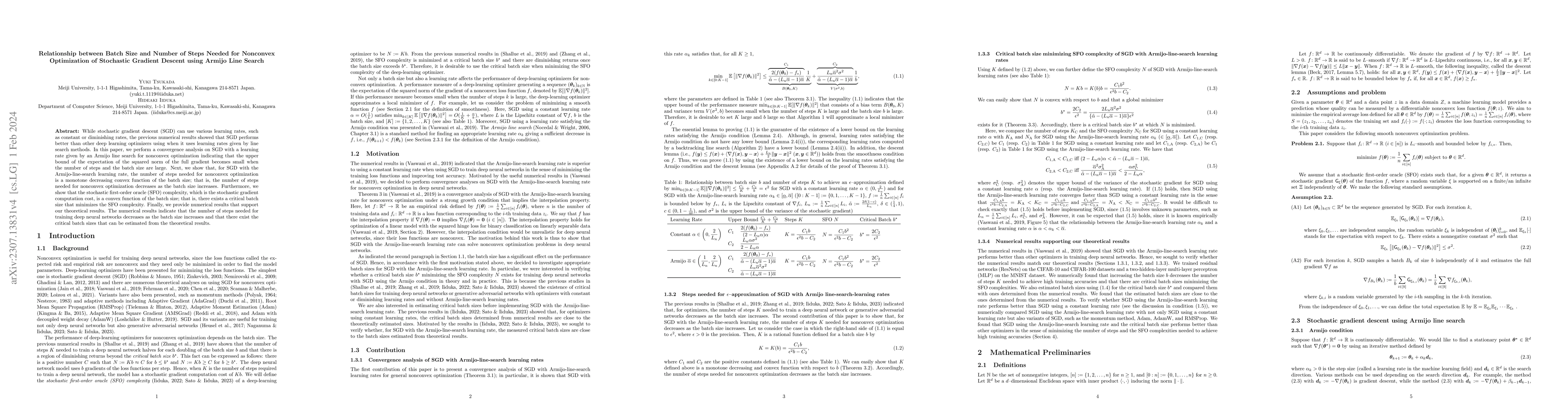 Thumbnail for Relationship between Batch Size and Number of Steps Needed for Nonconvex
  Optimization of Stochastic Gradient Descent using Armijo Line Search
