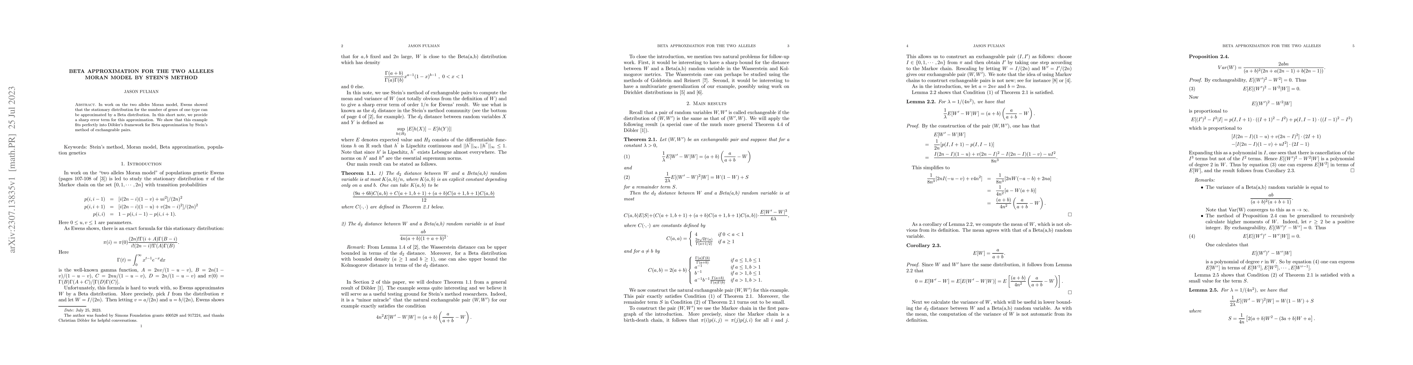 Thumbnail for Beta approximation for the two alleles Moran model by Stein's method