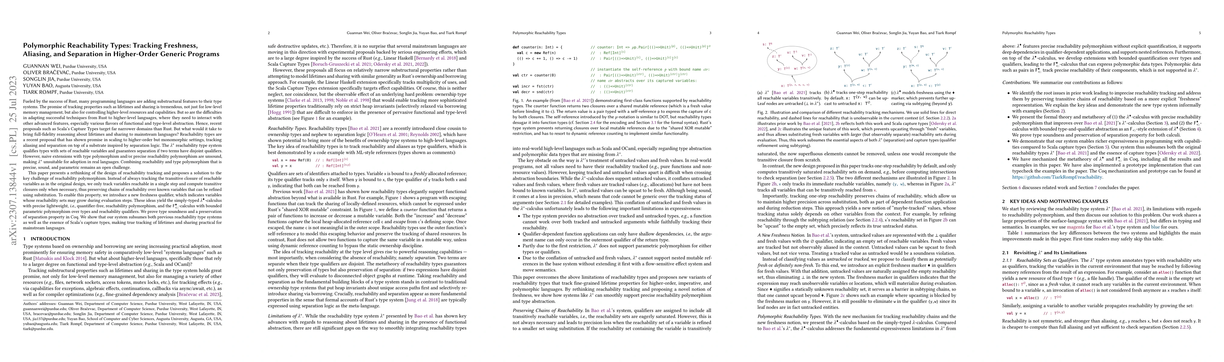 Thumbnail for Polymorphic Reachability Types: Tracking Freshness, Aliasing, and
  Separation in Higher-Order Generic Programs