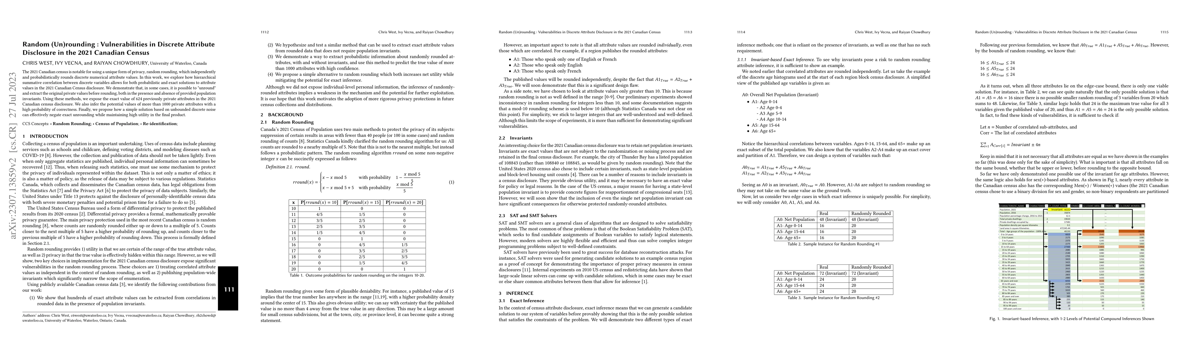 Thumbnail for Random (Un)rounding : Vulnerabilities in Discrete Attribute Disclosure
  in the 2021 Canadian Census
