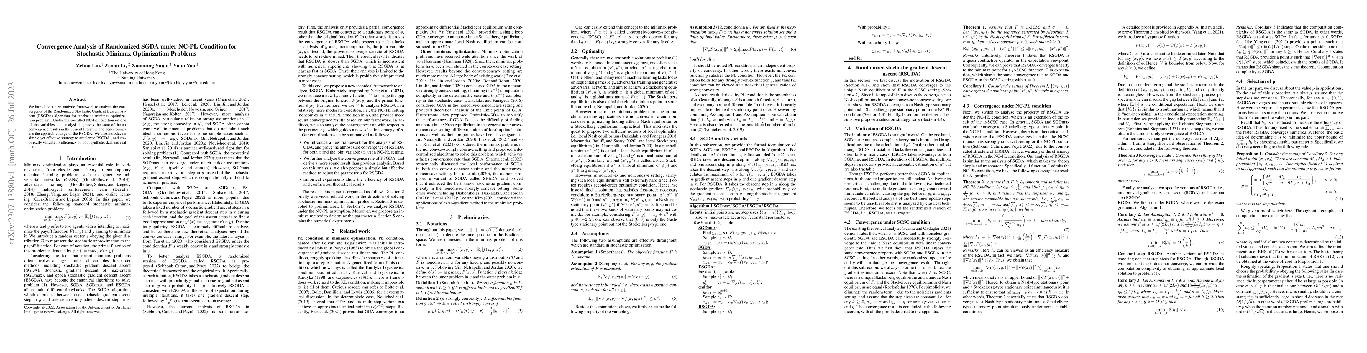 Thumbnail for Convergence Analysis of Randomized SGDA under NC-PL Condition for
  Stochastic Minimax Optimization Problems