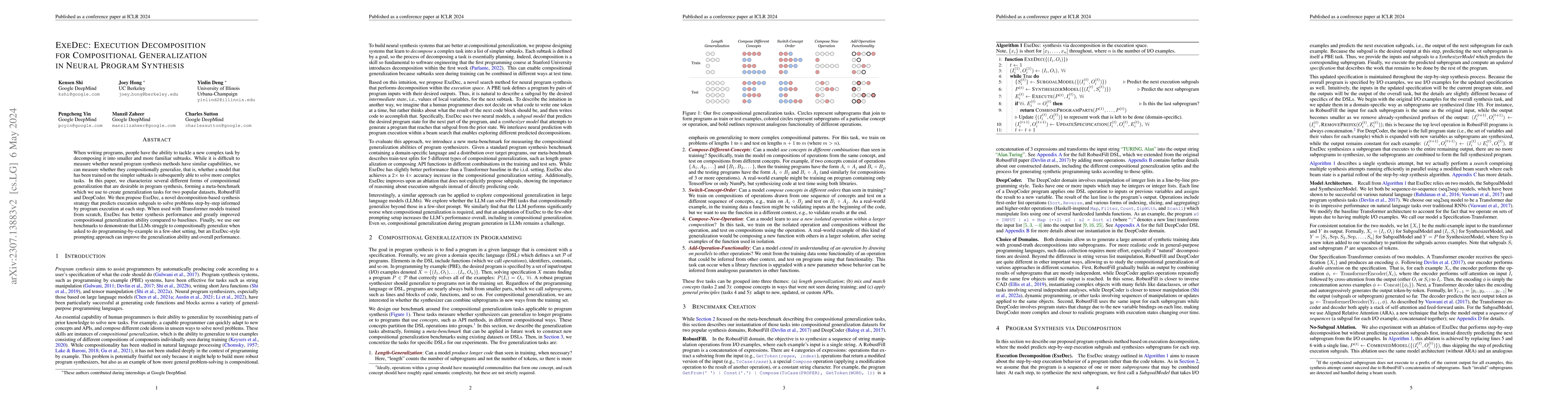 Thumbnail for ExeDec: Execution Decomposition for Compositional Generalization in
  Neural Program Synthesis