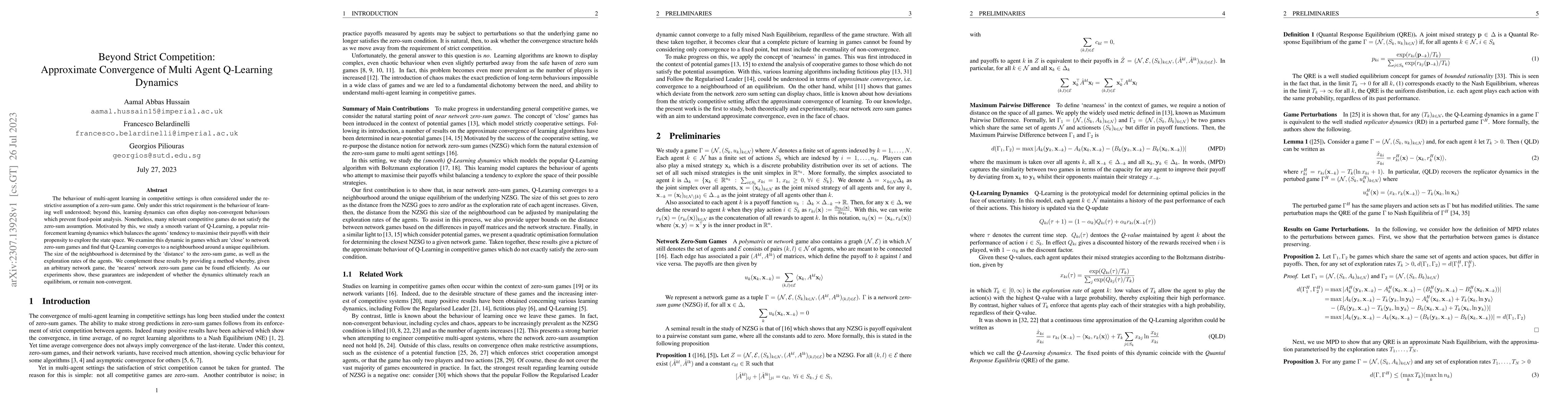 Thumbnail for Beyond Strict Competition: Approximate Convergence of Multi Agent
  Q-Learning Dynamics