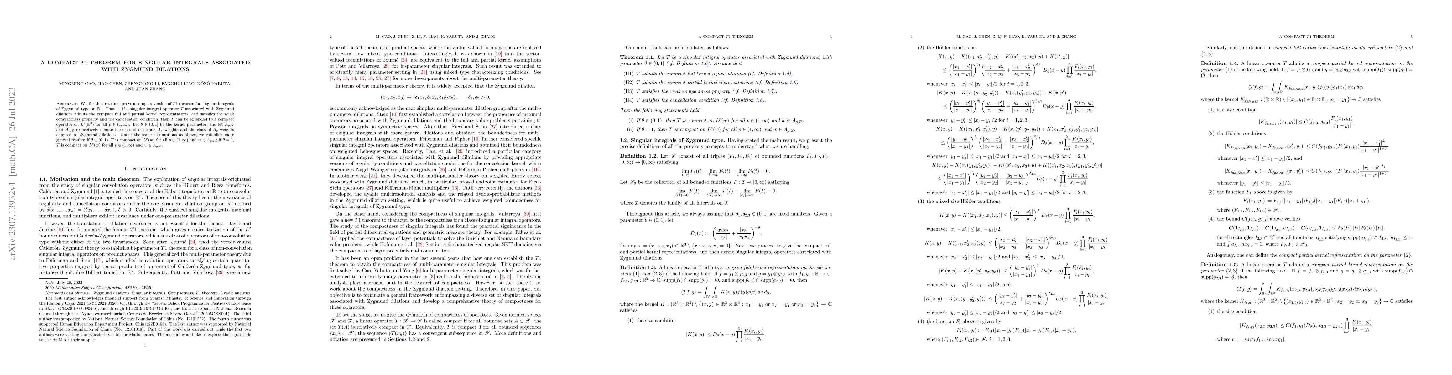 Thumbnail for A compact $T1$ theorem for singular integrals associated with Zygmund
  dilations