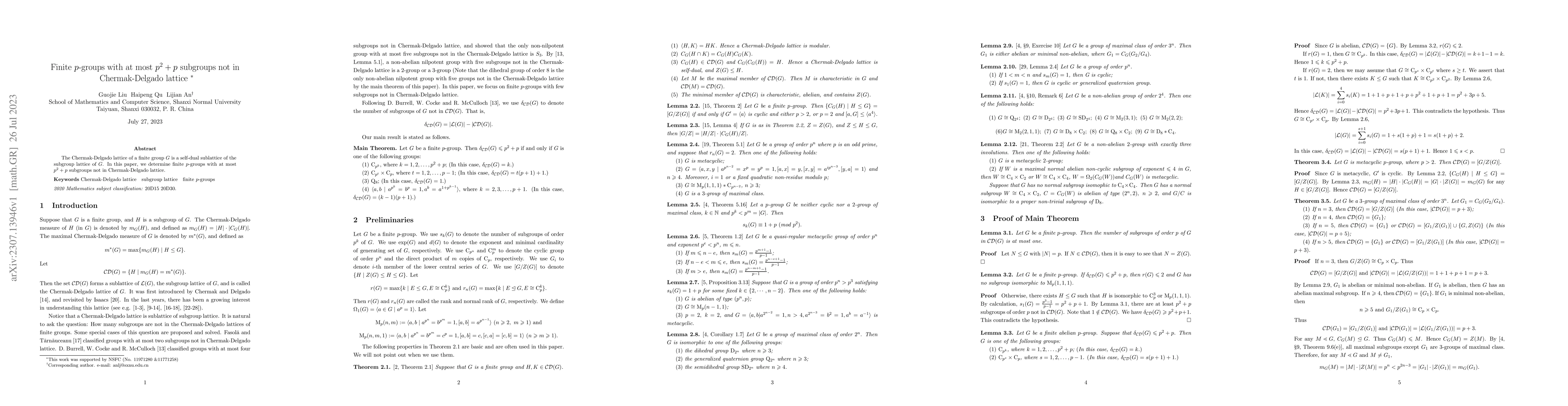 Thumbnail for Finite p-groups with at most p2 + p subgroups not in Chermak-Delgado
  lattice