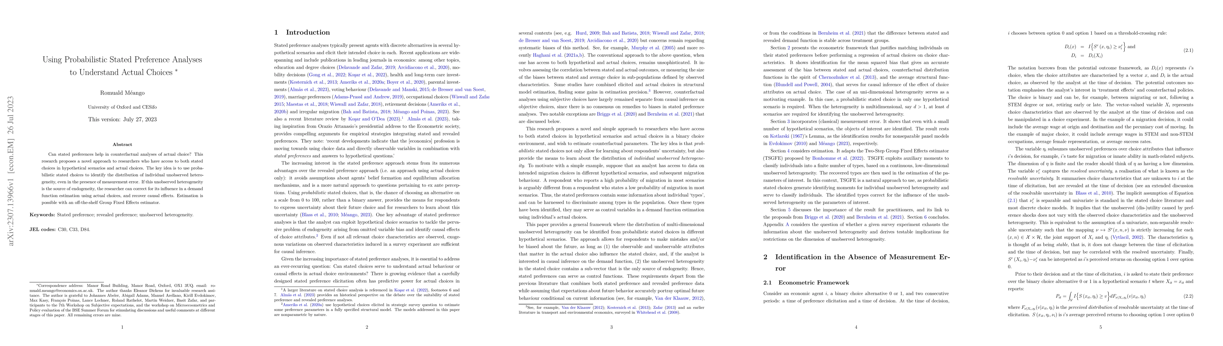 Thumbnail for Using Probabilistic Stated Preference Analyses to Understand Actual
  Choices