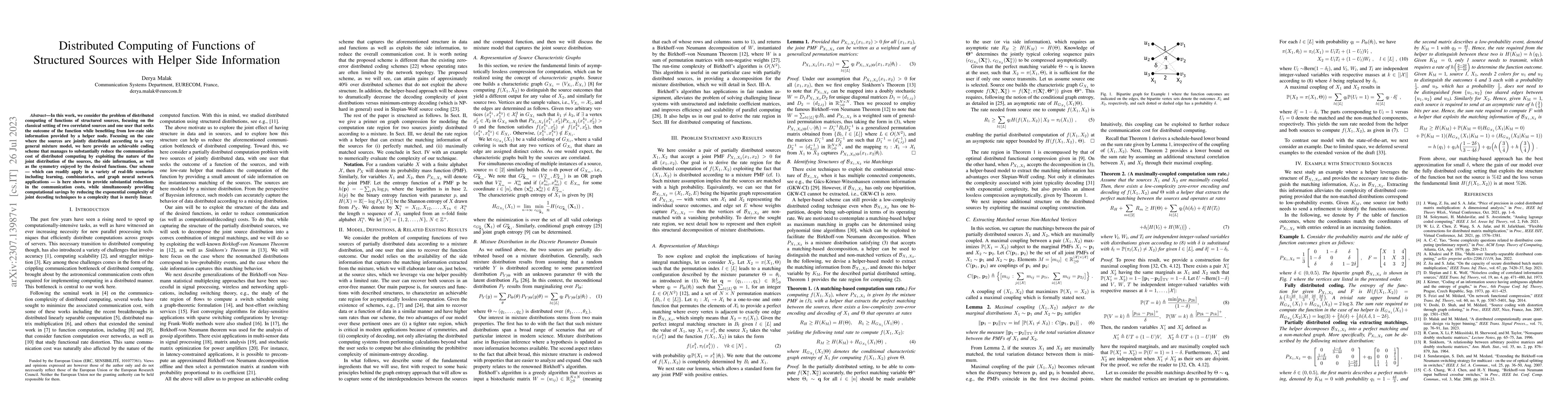 Thumbnail for Distributed Computing of Functions of Structured Sources with Helper
  Side Information