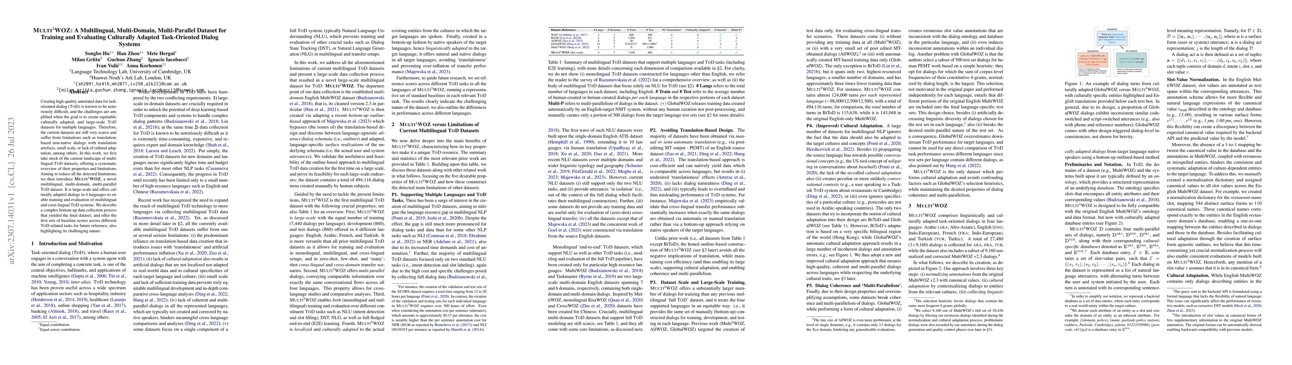 Thumbnail for Multi3WOZ: A Multilingual, Multi-Domain, Multi-Parallel Dataset for
  Training and Evaluating Culturally Adapted Task-Oriented Dialog Systems