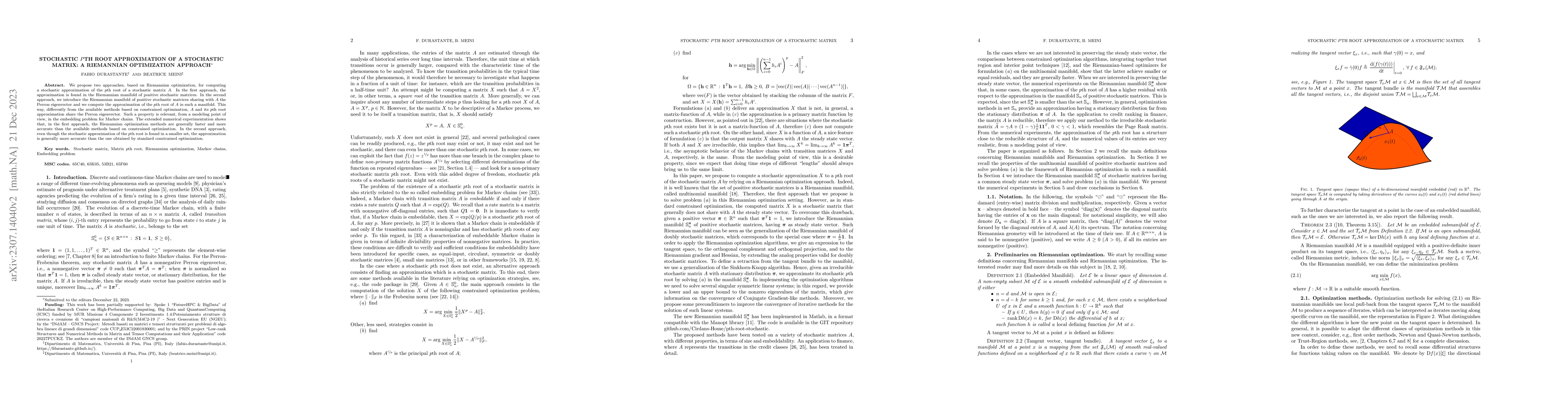 Thumbnail for Stochastic $p$th root approximation of a stochastic matrix: A Riemannian
  optimization approach
