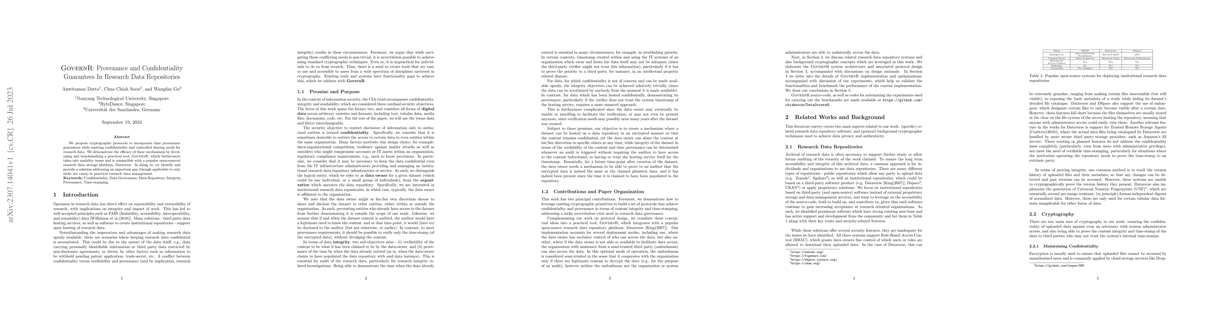 Thumbnail for GovernR: Provenance and Confidentiality Guarantees In Research Data
  Repositories