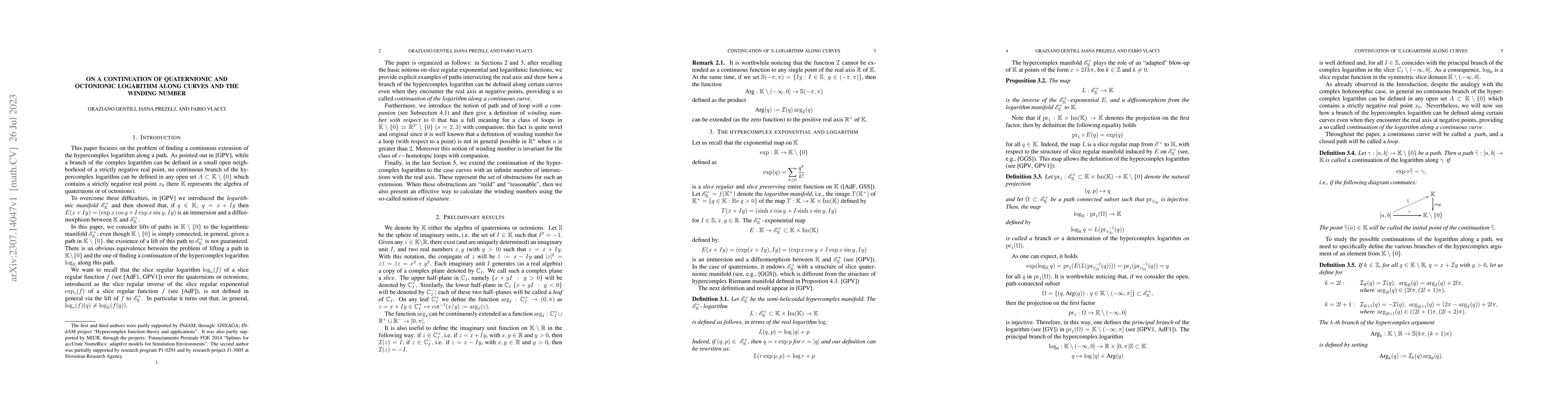 Thumbnail for On a continuation of quaternionic and octonionic logarithm along curves
  and the winding number