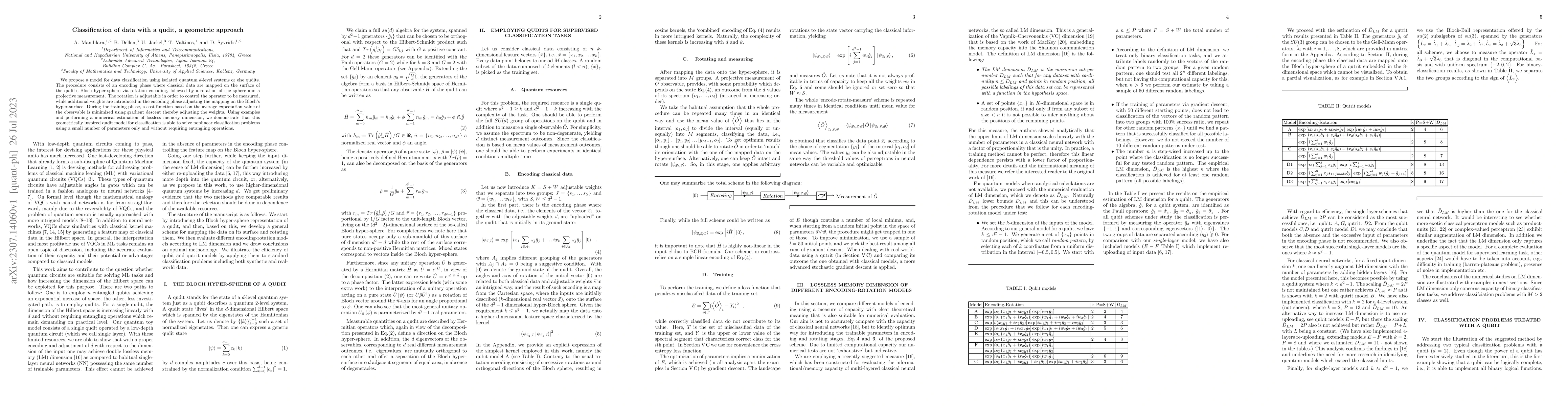 Thumbnail for Classification of data with a qudit, a geometric approach