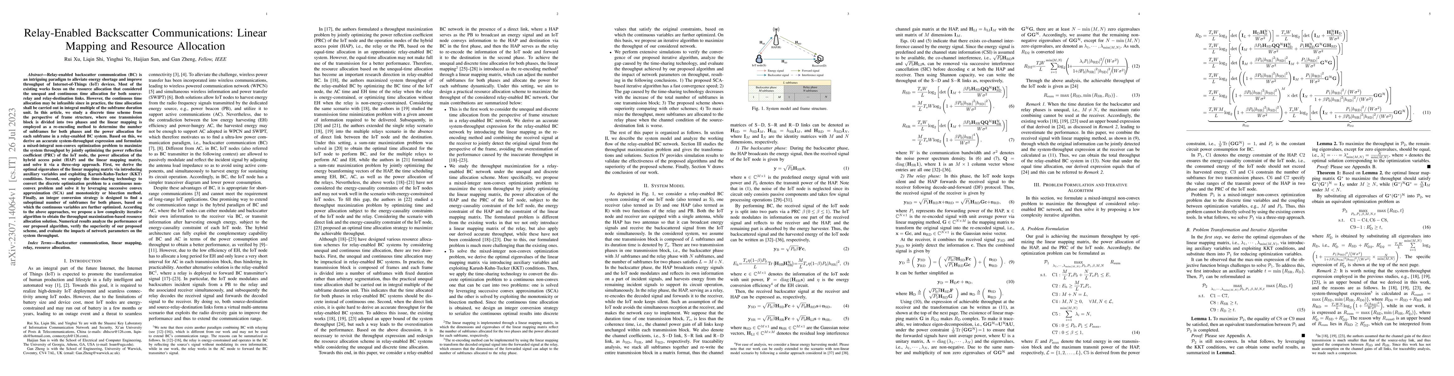 Thumbnail for Relay-Enabled Backscatter Communications: Linear Mapping and Resource
  Allocation