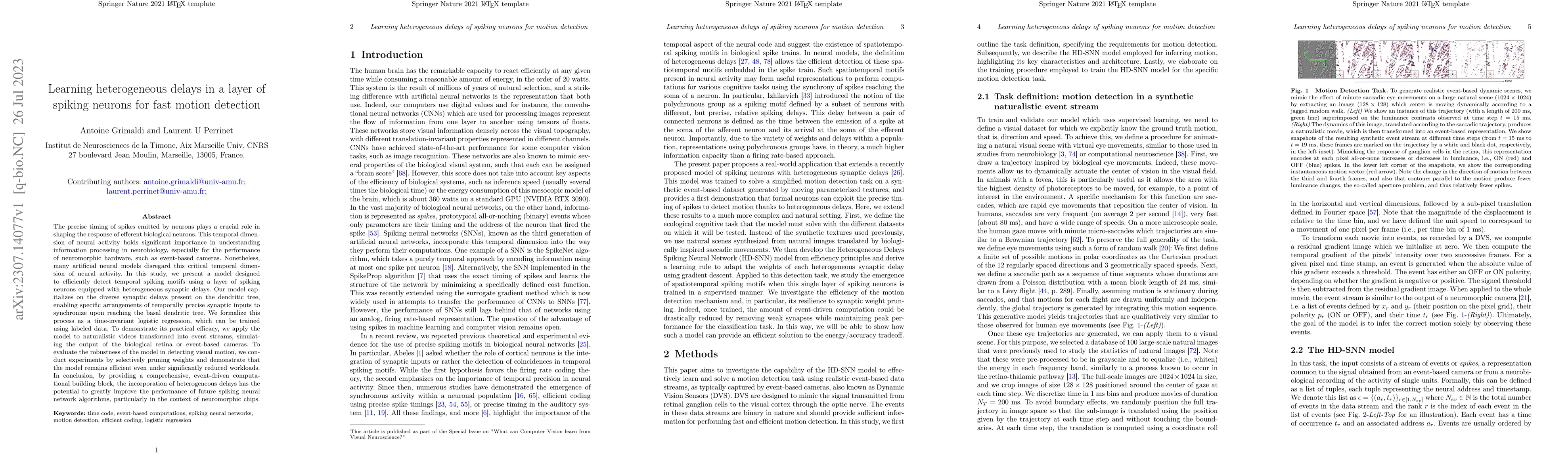 Thumbnail for Learning heterogeneous delays in a layer of spiking neurons for fast
  motion detection
