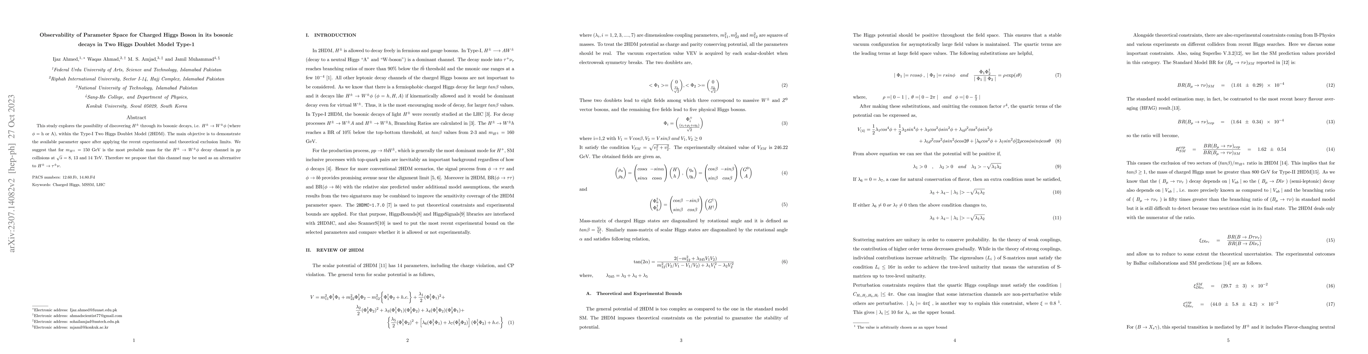 Thumbnail for Observability of Parameter Space for Charged Higgs Boson in its bosonic
  decays in Two Higgs Doublet Model Type-1