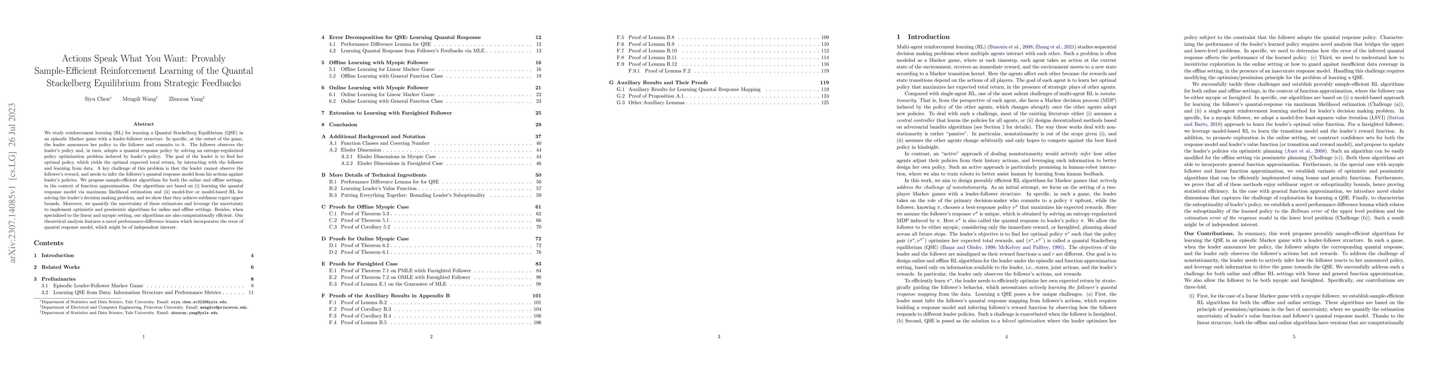 Thumbnail for Actions Speak What You Want: Provably Sample-Efficient Reinforcement
  Learning of the Quantal Stackelberg Equilibrium from Strategic Feedbacks