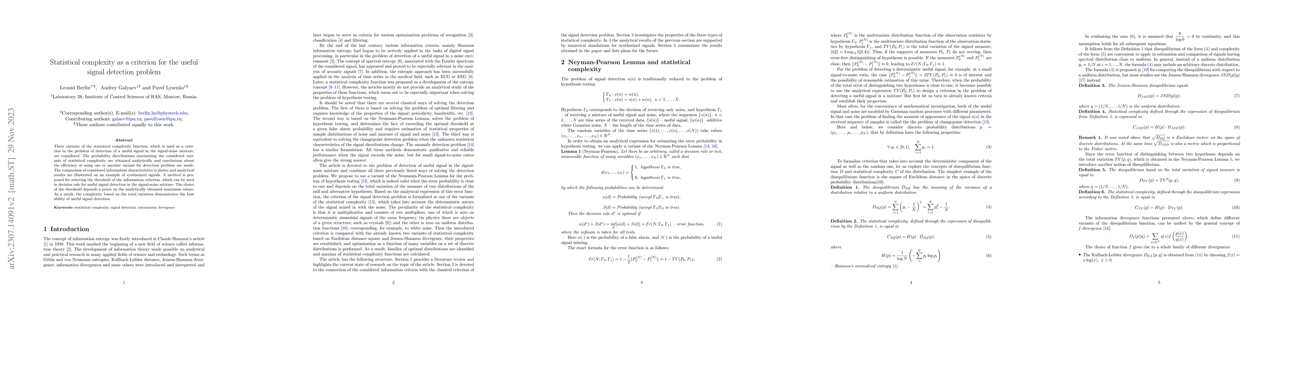 Thumbnail for Statistical complexity as a criterion for the useful signal detection
  problem