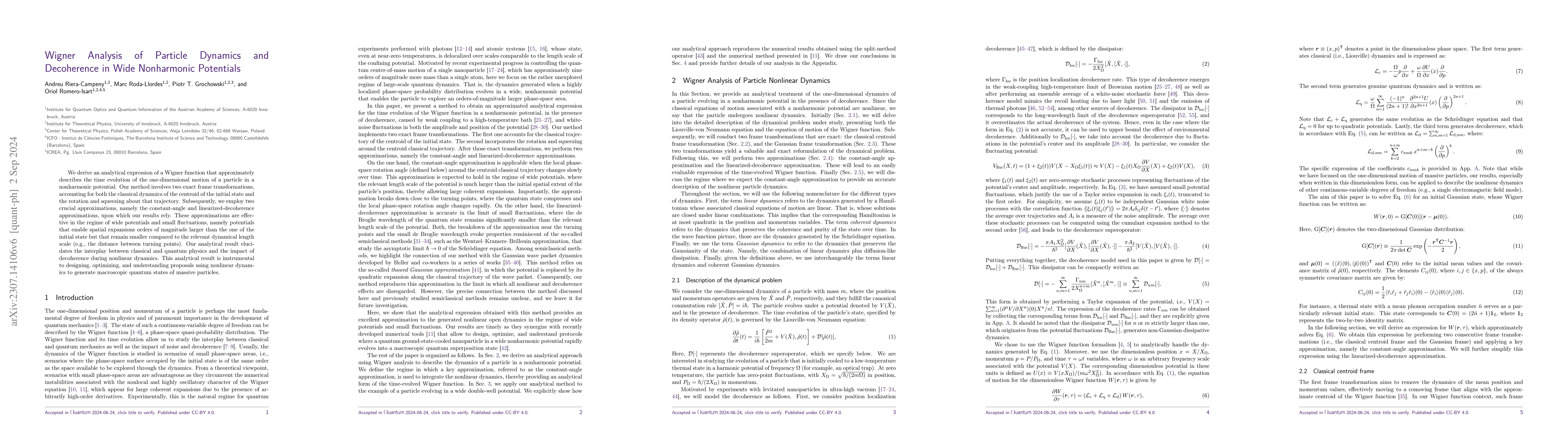 Thumbnail for Wigner Analysis of Particle Dynamics and Decoherence in Wide Nonharmonic
  Potentials