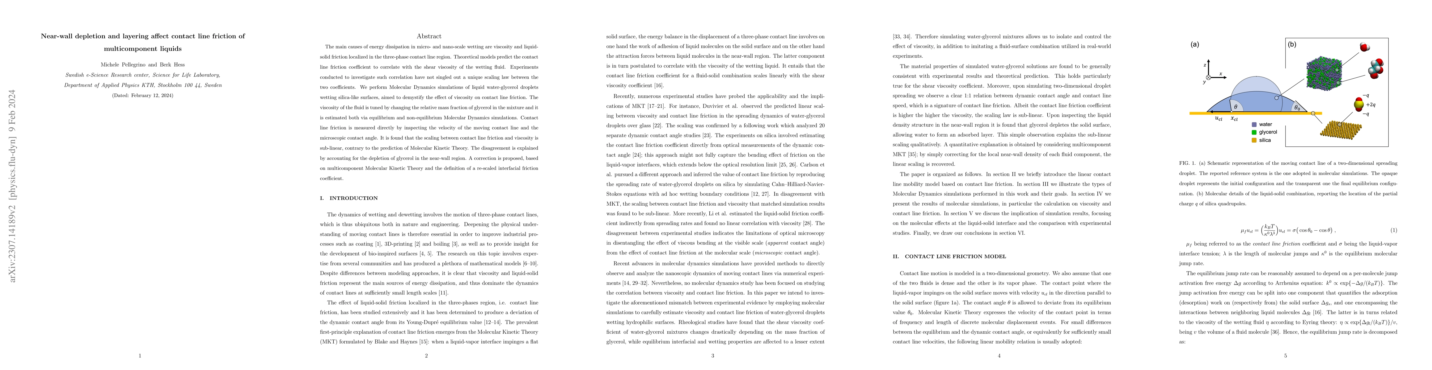 Thumbnail for Near-wall depletion and layering affect contact line friction of
  multicomponent liquids