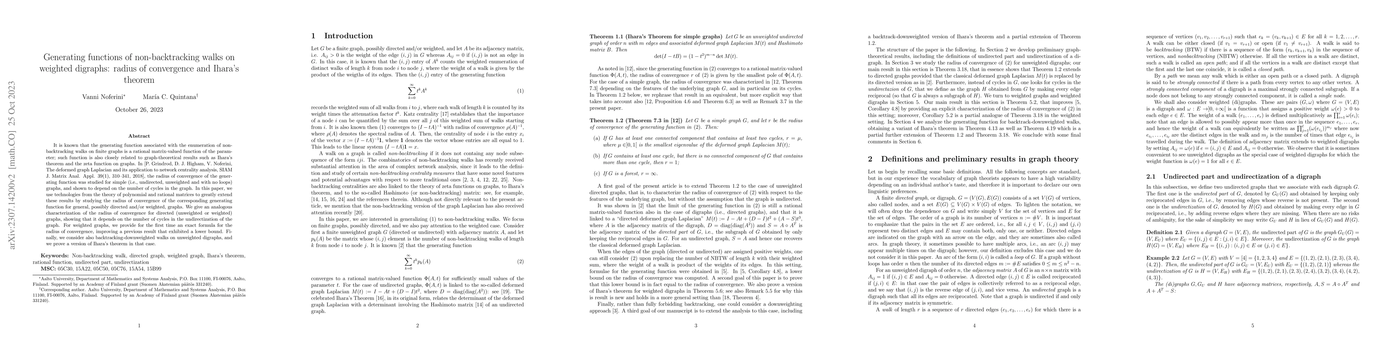 Thumbnail for Generating functions of non-backtracking walks on weighted digraphs:
  radius of convergence and Ihara's theorem